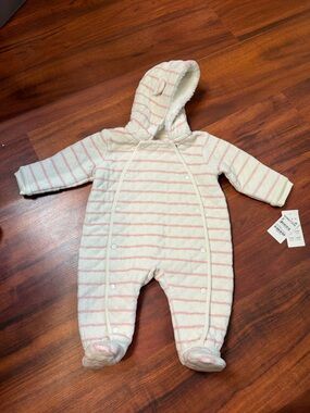 Born Pink and White Striped Hooded Baby One-Piece